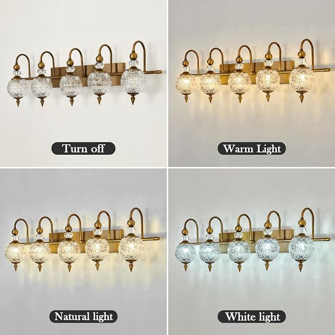 Piepooye Vintage Bathroom Lights Fixtures Gold Vanity Light with Glass Globe LampShade 5 Light Brushed Brass G9 Bulb Wall Sconce Antique Indoor Vanity Light Over Mirror for Kitchen Bedroom Living Room