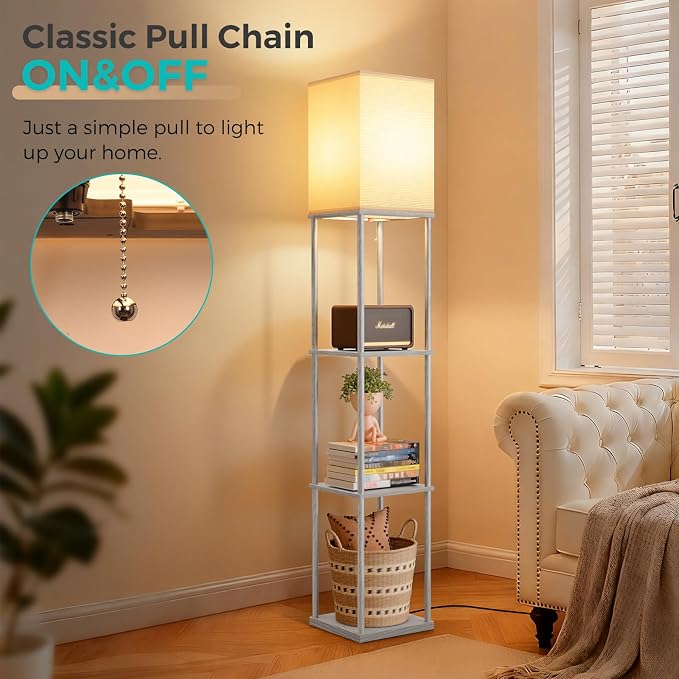 Floor Lamp with Shelves, 3-Tier Square Bookshelf Standing Lamp Dark Grey | 3 Color Temperature Bulb Included, Pull Chain Tall Lamp for Living Room Bedroom Corner Office Apartment Decor