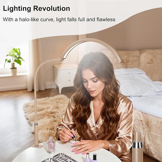 Professional Half Moon LED Desk Light for Nail Techs & Artists – Flexible Gooseneck Lamp with Clamp, 3 Color Modes & 5 Brightness Levels for Manicure, Tattoo, Beauty Work