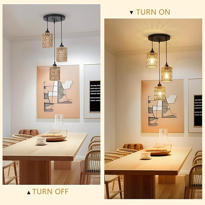 3 Lights Rattan Pendant Light, Farmhouse Dining Room Light Fixtures Ceiling Hanging, Boho Pendant Lighting with Hand Woven Wicker Shades for Kitchen Island Living Room Bedroom Foyer Hallway