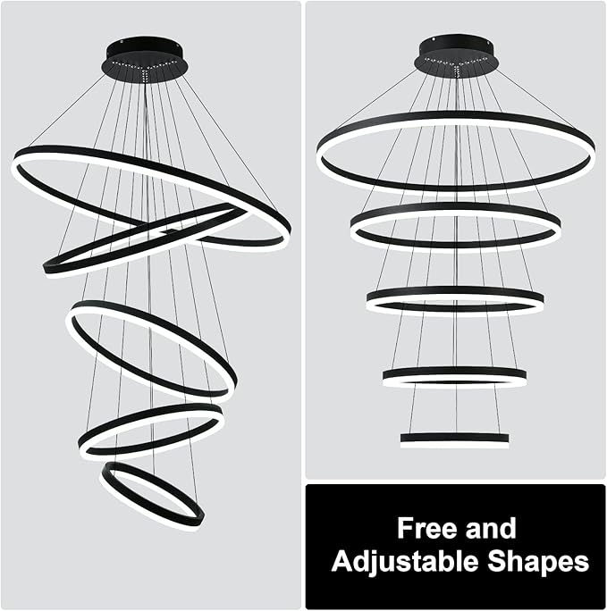 5-Rings Modern LED Chandelier Black Dimmable High Ceiling Chandelier for Dining Room with Remote Control for Foyer Living Room Entryway Staircase(D31.5’’, 3000K-6500K)