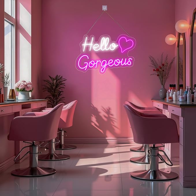 Hello Gorgeous Neon Signs for Wall Decor, for Sign with Dimmable Switch - for Girls Bedroom, Makeup Room Decor Home Wedding Birthday Backdrop (16in White+Pink)