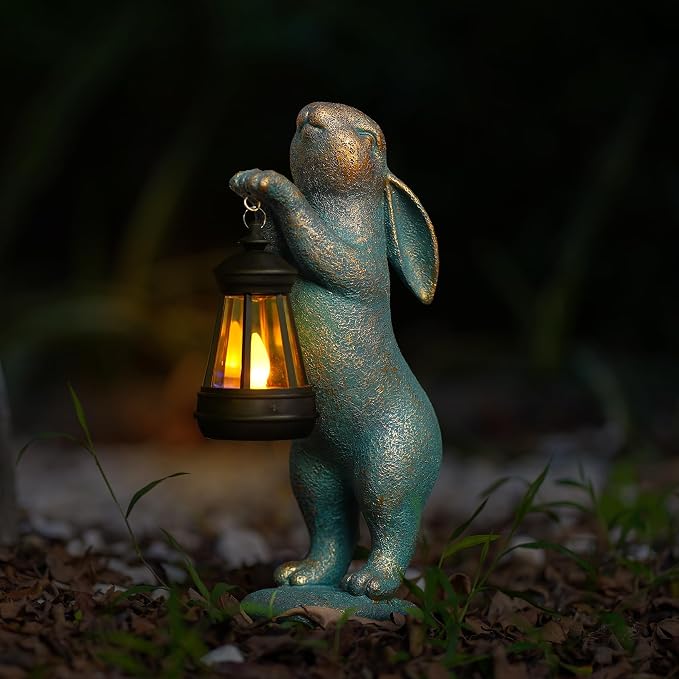 MININOVA Garden Statues Rabbit with Solar Lantern Resin Outdoor Bunny Figurines Decorations for Patio Yard Lawn Ornaments Gifts for Mother's Day Birthday Housewarming