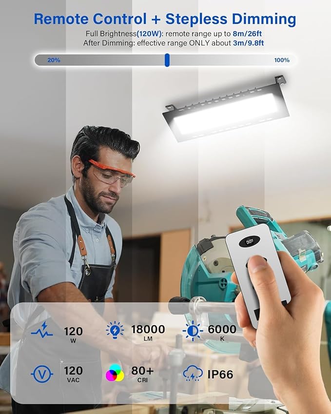 120W High Bay LED Shop Light IP65 Waterproof Garage Light w Dimmable Remote | 18000LM Plug-in Play, Commercial Shop Lights for Warehouse, Factory, Workshop, backyard, Garage & Barn