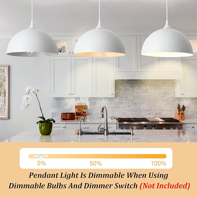 3 Pack White Pendant Lights for Kitchen Island, 11.8" Modern Dome Pendant Lighting Fixtures Farmhouse Industrial Vintage Hanging Ceiling Light Fixture for Dining Room Foyer Hallway Bar Cafe Kitchen
