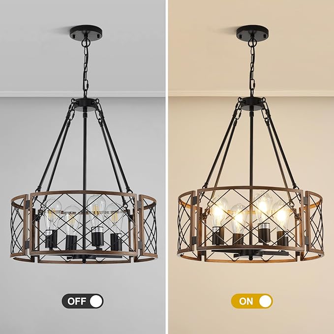20'' Farmhouse Chandelier, 4-Light Black & Wood Grain Dining Room Light Fixture Over Table, Rustic Industrial Drum Hanging Pendant Lights Fixture for Kitchen Island Bedroom Hallway Foyer Entryway