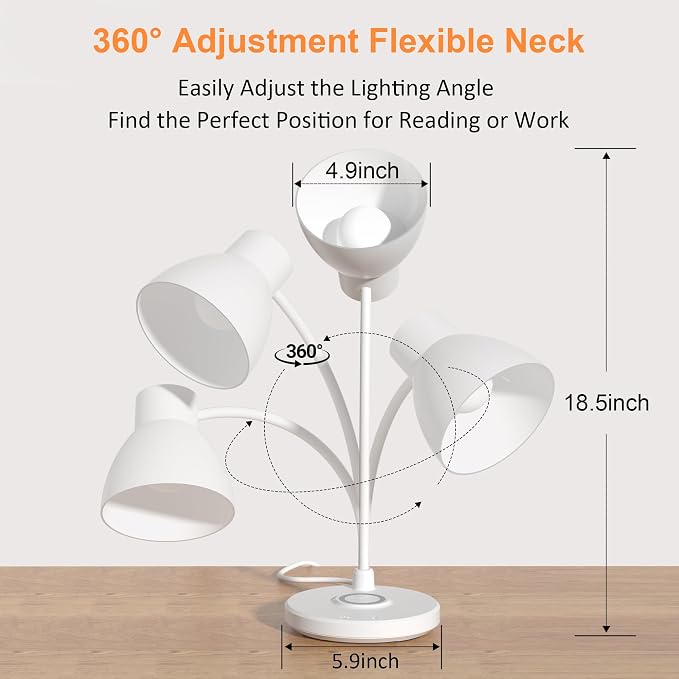 LED Desk Lamp for Home Office with Wireless Charger, White | 3 Color Modes Dimmable Eye-Caring Study Reading Dorm Desk Lamp, 360° Flexible Arm Table Lamp for College Dorm Room, 800 Lumen
