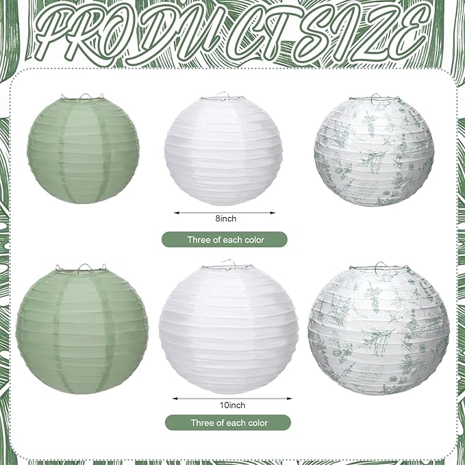 Riakrum 18 Pcs Floral Paper Lantern Set 10" 8" Sage Green and White Flower Chinese Lantern Chinoiserie Hanging Decoration for Ceiling Wedding Bridal Shower Birthday Party Supplies
