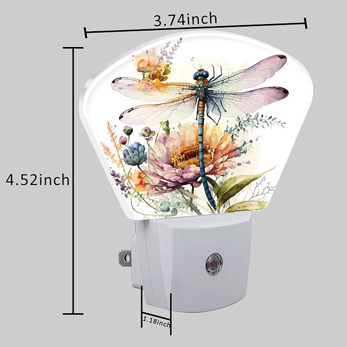 Watercolor Dragonfly Night Light Plug into Wall, Flowers Night Light with Dusk to Dawn Sensor for Kid Girls Boys Women Men Bedroom, Hallway, Kitchen, Bathroom, Stairs Decor