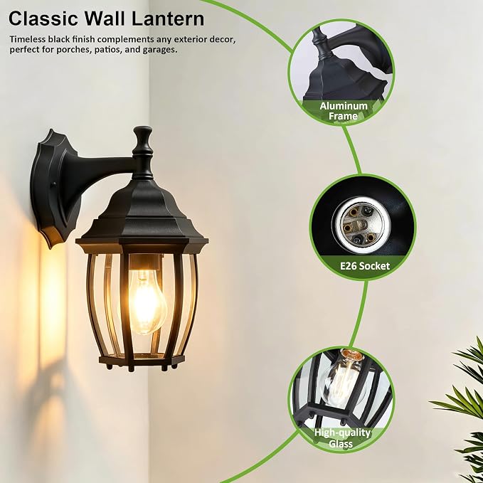 Outdoor Wall Light Fixture, Rustproof Aluminum, Glass | Large Exterior Porch Light Wall Sconce Lantern for House, Patio, Garage, Waterproof, E26 Socket 60W Max, Black