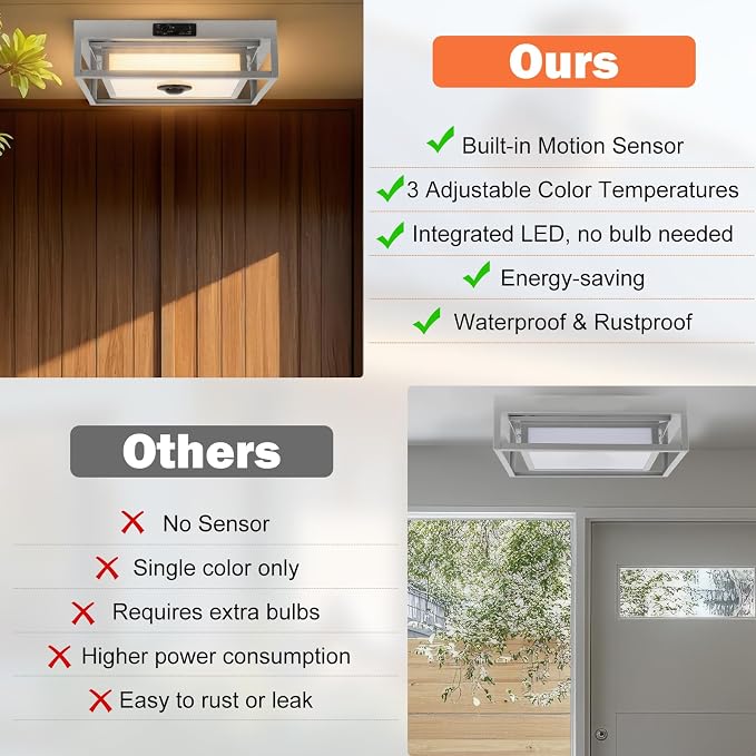 Gray Motion Sensor LED Outdoor Ceiling Light 10.5" Square Dusk to Dawn | Flush Mount, Built-in LED, Color Changing, Energy Saving, Waterproof, Bug Resistant, for Exterior Porch Garage Entryway Patio