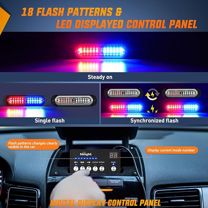 Nilight 8PCS Led Strobe Lights with Controller 12V 24V Sync Feature Red Blue Strobe Light 12 LED Surface Mount Emergency Hazard Warning Lights with Strobe Controller for Vehicle Car Truck RV ATV