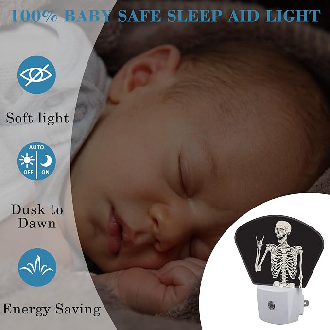 Rock Skeleton Night Light for Kids Girls Boys, Funny Skeleton LED Night Light Plug into Wall with Dusk to Dawn Sensor for Room, Hallway, Kitchen, Bathroom, Stairs Decor