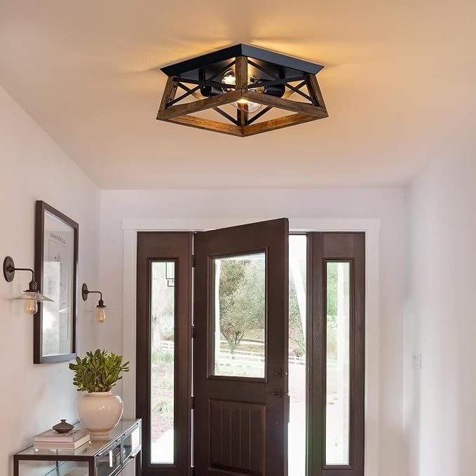 2-Light Farmhouse Light Fixture, Rustic Ceiling Light with Wood and Metal Design, Wood Ceiling Light for Kitchen, Hallway, Entryway, Cabinet, Living Room