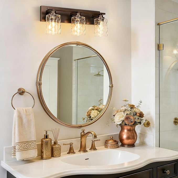 Modern Bathroom Lighting Fixtures Over Mirror, Vanity Lights for Bathroom, Wall Sconces with Clear Glass Shades, E26 Ceramic Socket, 3-Light 19.7-inch Oil-Rubbed