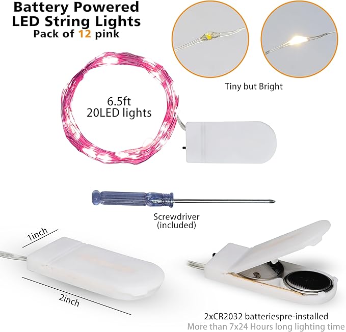 12 Pack Fairy Lights Battery Operated String Lights - 7ft 20 LED Waterproof Silver Wire Firefly Lights for DIY Wedding Décor Table Centerpieces Craft Mason Jars Party Decor(Pink)