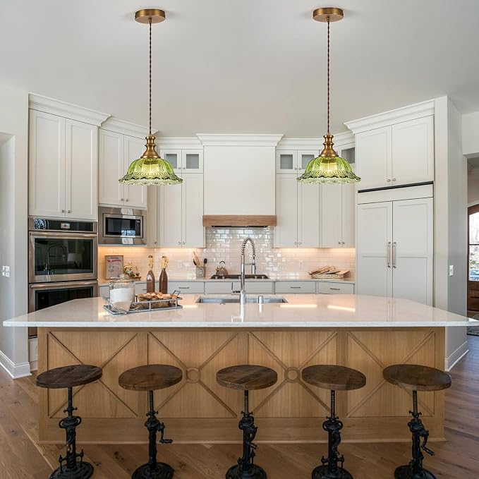 HDDFL Glass Pendant Lights Modern Pendant Lighting Fixtures Hanging Lamp for Kitchen Island Bedroom Dining Room Coffee Shop Hallway Green and Brass 2 Pack