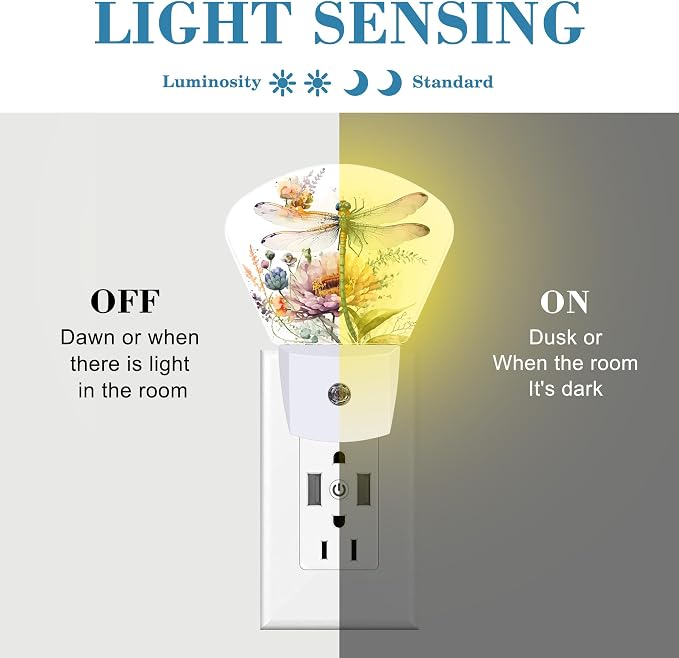 Watercolor Dragonfly Night Light Plug into Wall, Flowers Night Light with Dusk to Dawn Sensor for Kid Girls Boys Women Men Bedroom, Hallway, Kitchen, Bathroom, Stairs Decor