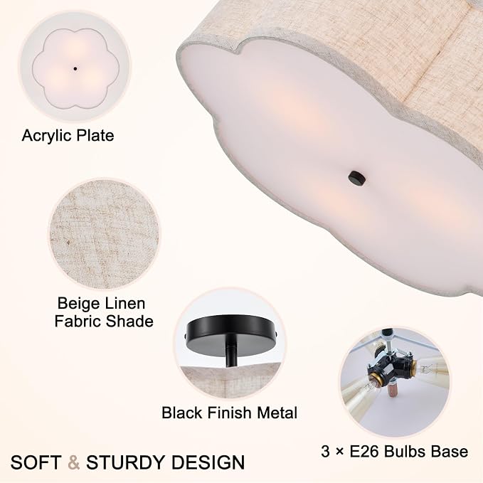 18" Black Semi Flush Mount Ceiling Light, Linen 3-Light Fixture | Beige Linen Petal Shade, Modern Farmhouse Style For Bedroom, Kitchen,Hallway And Laundry; Close-To-Ceiling, E26, Easy Install