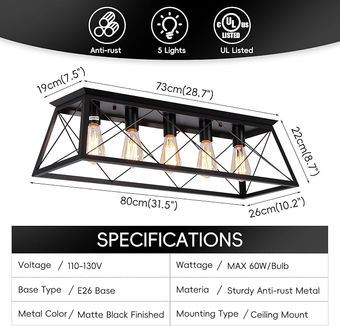 31.5" Black Flush Mount Ceiling Light Fixture, 5-Light Vintage Industrial Cage Chandelier for Dining Room, Kitchen Island, Living Room, Dimmable Large Semi Flush Mount Close to Ceiling Light
