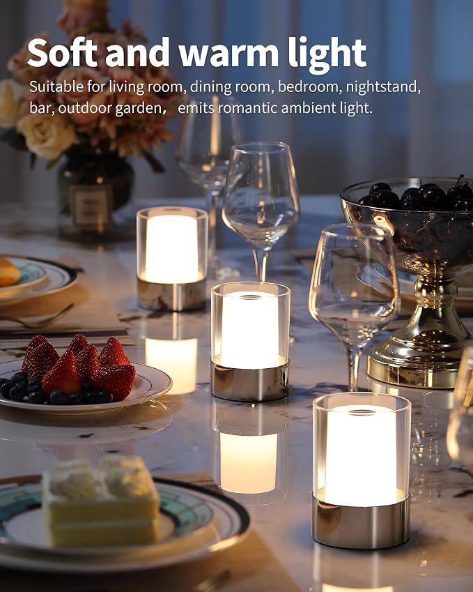4" Chrome Cordless Table Lamp 2 Pack, Outdoor Rechargeable Lamp | LED, Battery Operated, Portable, Touch Night Light for Dining Room, Camping, Bar, Party, Bedside, Bedroom, Home Decor, Gift