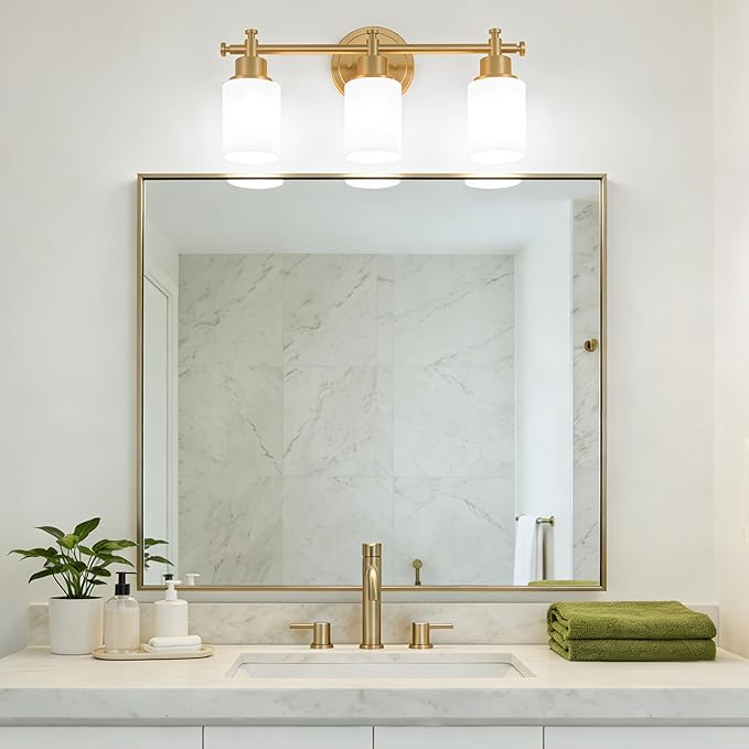 3-Light Bathroom Vanity Light, Brushed Gold Vanity Lights for Bathroom, Modern Champagne Gold Wall Sconce with White Glass Shades, Anti-Rust Light Fixtures over Mirror (Bulbs Not Included, E26 Base)