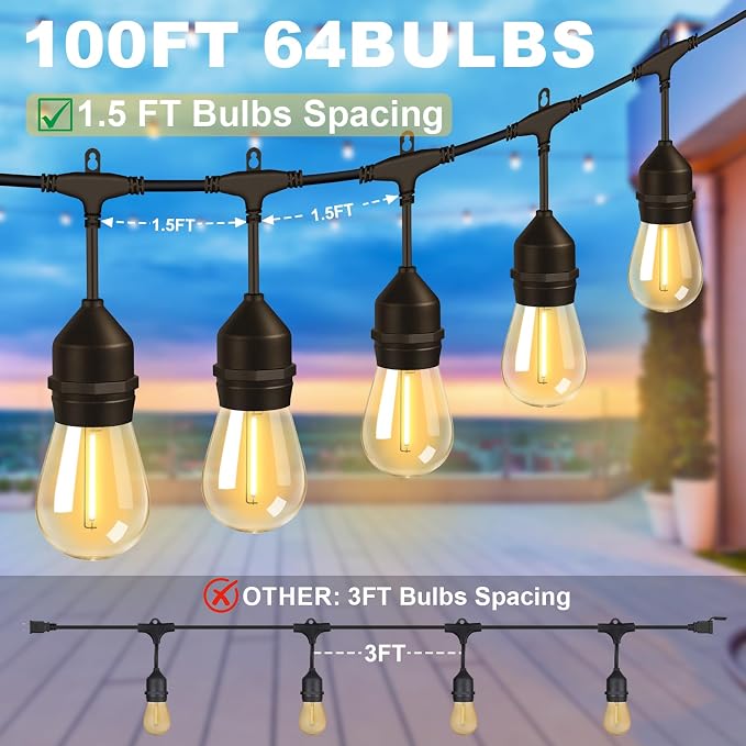 100FT Outdoor String Light 64Bulbs (1.5FT Bulbs Spacing),120W Dimmer Remote | Patio Lights with IP65 Waterproof, Dimmable & Timing & 3 Mode, Connectable, Zipper Ties for Outside Commercial Backyard