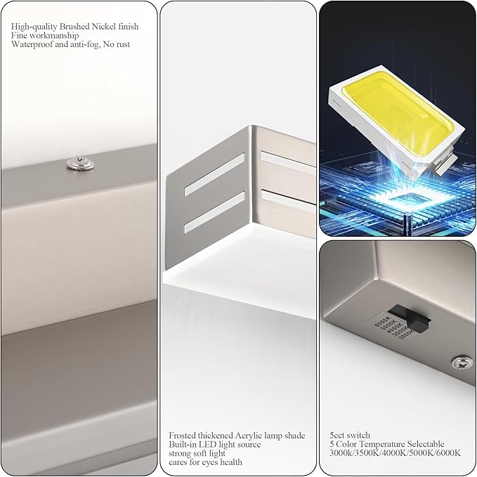 Ralbay 24inch Brushed Nickel Vanity Light with 5 Color Temperature (2700K-6000K) Dimmable Acrylic Metal 24W LED Modern Bathroom Vanity Light Bar