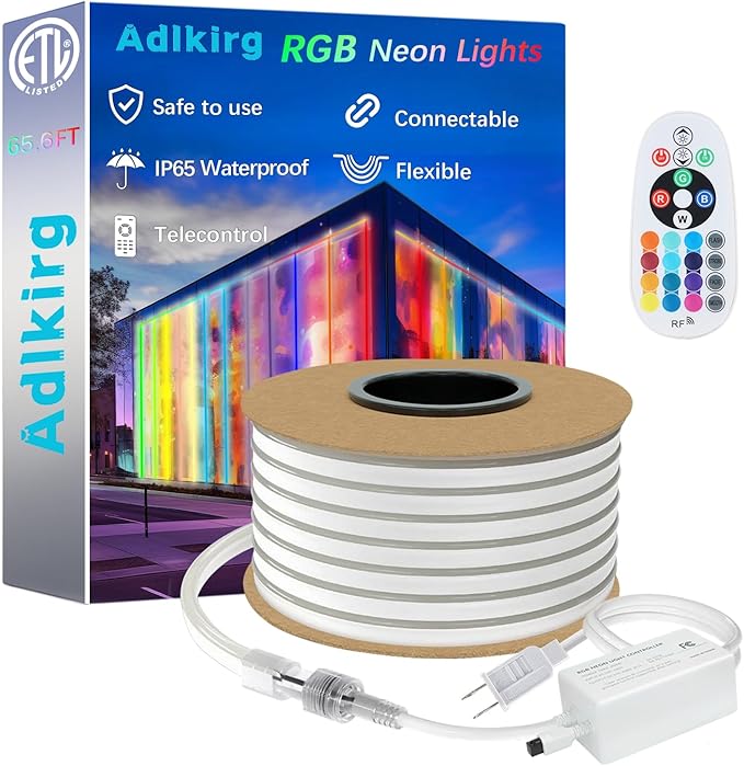 65.6ft RGB Neon Rope Light, Commerial Grade Waterproof RGB Neon Rope Lights with Remote, 110V 120V Plug-in Neon Strip Lights with Dimmable Power Adapter for Outdoor,Indoor Using