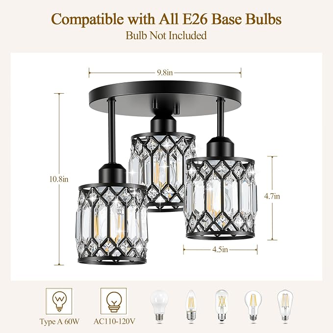 Black Crystal Ceiling Light Fixture, 3-Light, E26 | Modern Semi Flush Mount Ceiling Light, Kitchen Lighting Fixtures Ceiling for Hallway Bedroom Bathroom Laundry Room