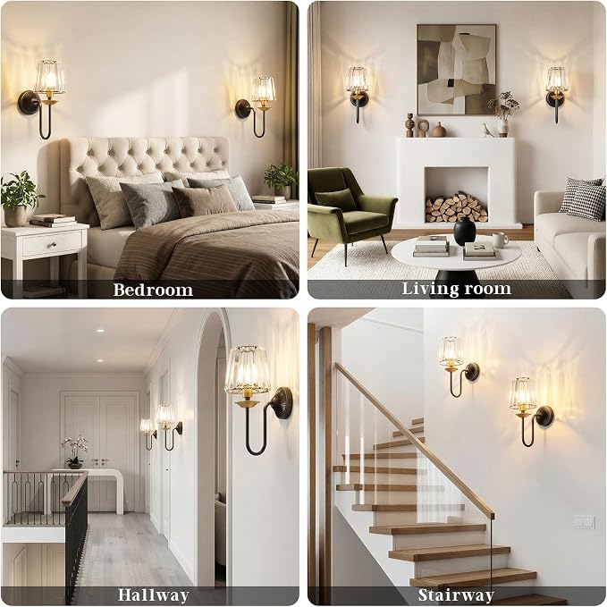 Black and Gold Battery Operated Wall Sconces Set of Two, Crystal Wireless Rechargeable Wall Lights with Remote, Dimmable 3 CCT and 12 RGB Cordless Wall Lamps for Bedroom Living Room Decor