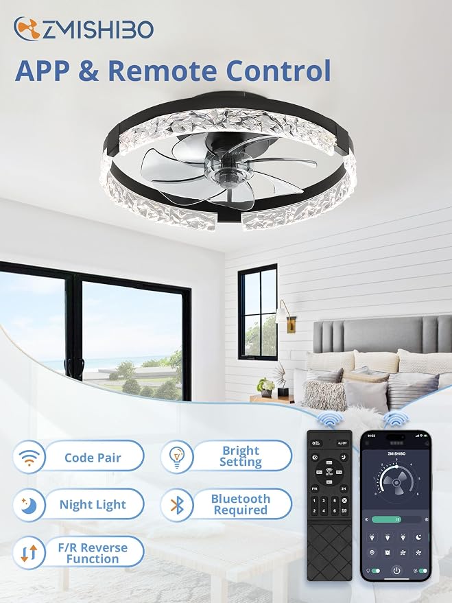 ZMISHIBO 18 Inch Ceiling Fans with Lights, Flush Mount Remote & App Control | 3CCT Dimmable LED, DC Motor, Bladeless, Reversible Blade, 6 Speeds, Modern, Low Profile, Enclosed, Bedroom, Kids, Girl, Adult
