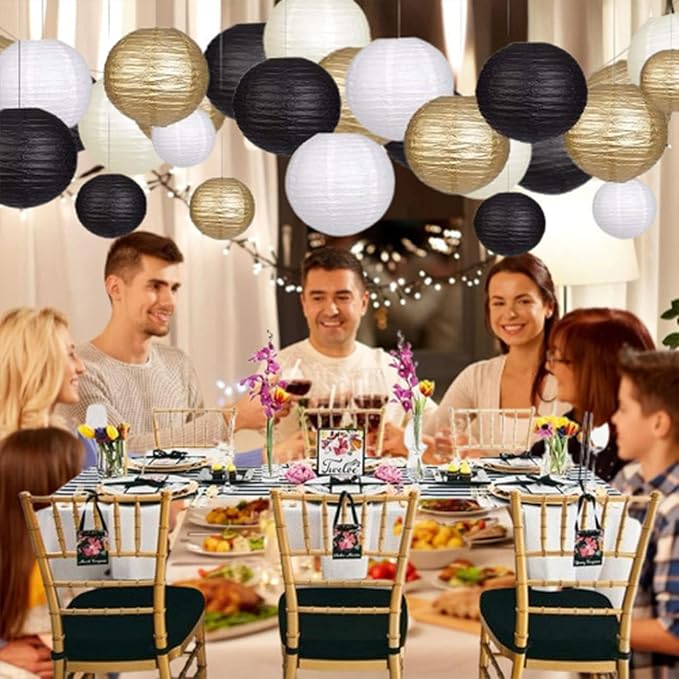 Paper Lanterns Decorative, Hanging Chinese Lanterns Indoor Outdoor for Birthday, Wedding, Christmas, Bridal, Home Decor, Ceiling Decorations Black/Gold/White 12pcs(Size of 4”, 6”, 8”, 10”)