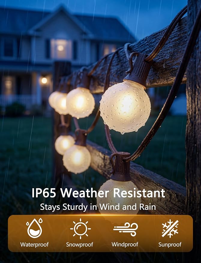 SUNSGNE 50FT Brown Outdoor Edison String Lights, Waterproof Shatterproof LED Globe String Lights with 50 G40 LED Frosted White Bulbs for Backyard Patio Porch Balcony Party Decor, E12 Base