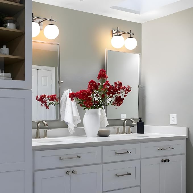 Brushed Nickel Vanity Light for Bathroom, 2-Lights Modern Vanity Lighting with Milky White Frosted Glass Shade, Bathroom Light Fixture Mid Century Wall Sconce (Exclude E26 Bulb)