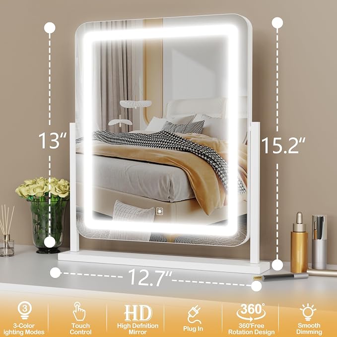 Gvnkvn Vanity Mirror with Lights, 17.3’’ LED Makeup Mirror Detachable 10X Magnification, Smart Touch Control, 3 Color Lighting Modes,360°Rotation Tabletop Make Up Mirror for Bedroom Bathroom