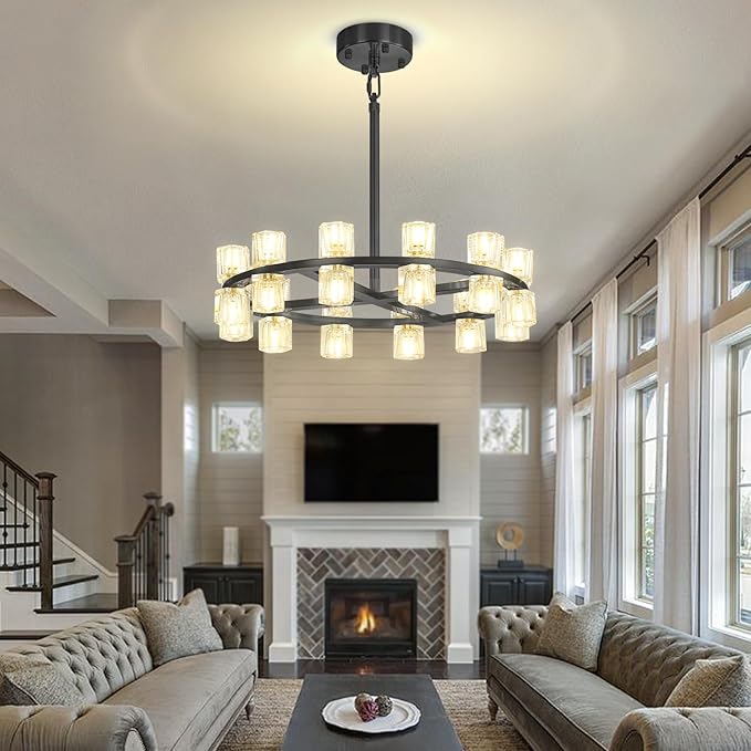 D24 Black Wagon Wheel Chandeliers Modern 24-Lights Black Round Chandelier Small Chandeliers for Dining Room,Living Room Vintage Chandelier for Foyer Hallway