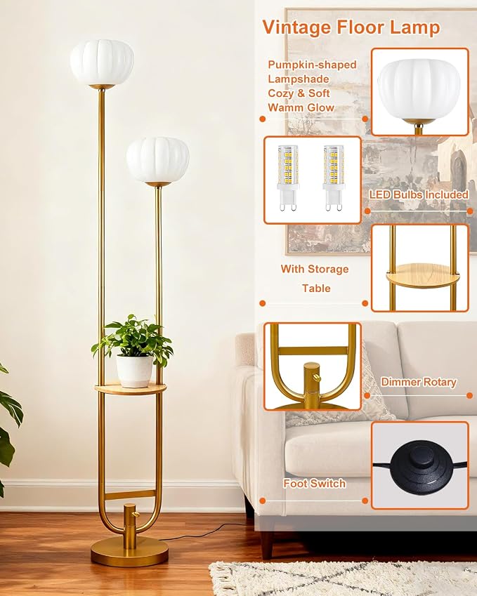 Lightdot 63IN Gold Floor Lamp Dimmable Standing Lamps with Tray Pumpkin Bulbs Included Unique U-Pole Mid Century Modern Tall Lamp with 5Lbs Heavy Base for Living Room/Party/Sofa Beside/Corner Decor