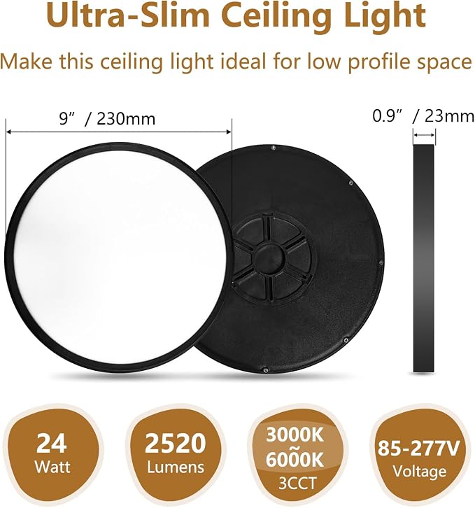 6PK 9 Inch LED Flush Mount Ceiling Light, 18W, 1860LM, 3000K/4000K/6000K CCT Selectable,Super Slim LED Ceiling Light Fixtures, Low Profile Round Flat Panel Light for Bedroom,Kitchen,Hallway,Black