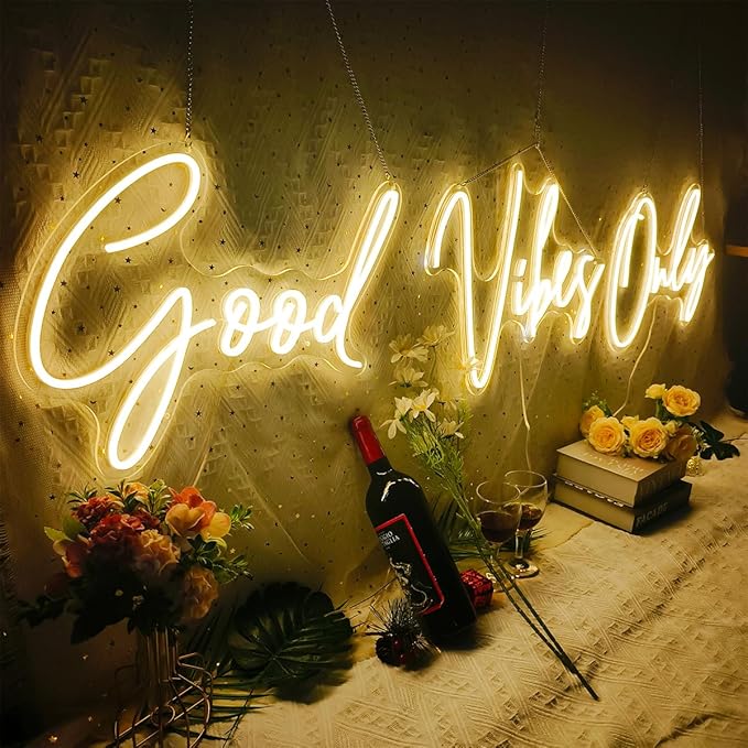 Super Large Good Vibes Only Neon Signs for Wall Decor, 57 Inch Good Vibes Only Neon Sign Large with Remote Dimmer, Neon Lights for Bedroom Wedding Christmas Party, Bar, Club Decor, Warm White