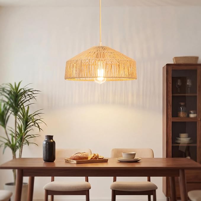 Qingmiao Boho Plug in Pendant Light, Handwoven Shade, 3 Way Bulb, 14ft Cord | Rattan Hanging Lamp Plug in, Dimmable Hanging Light Fixture for Living Room Bedroom Kitchen Ceiling Farmhouse Home Decor