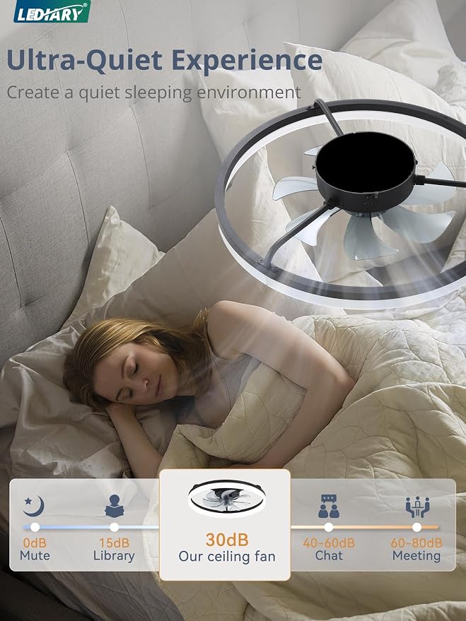 LEDIARY 20" Low Profile Ceiling Fans with Lights, APP & Remote, Black | Flush Mount, Dimmable LED, Quiet DC Motor, Reversible, 6 Speeds, Fandelier, for Bedroom