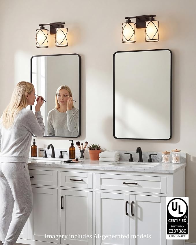 2-Light Oil Rubbed Bronze Bathroom Light Fixtures Over Mirror, 13.2" UL-Listed Modern Farmhouse Wall Sconce Lights with Milk White Frosted Glass and Metal Cage for Bath, E26, CH9176ORBW-2W