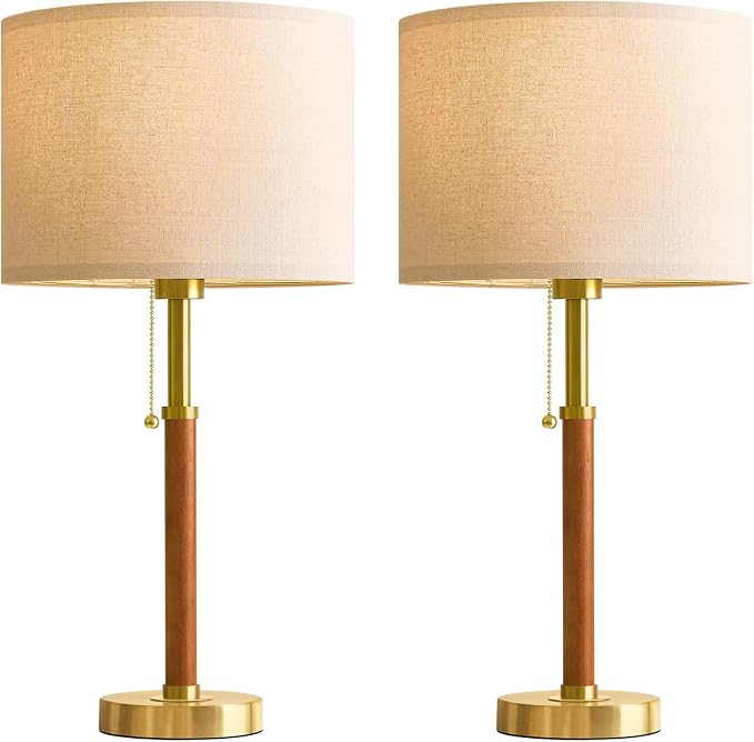 22" Wood Table Lamps Mid Century Modern Lamp for Bedroom Living Room Bedside Lamps for Night Stands Nightstand Lamp with Pull Chain Gold Small Side End Table Lamps Set of 2 Vintage Deco Gifts