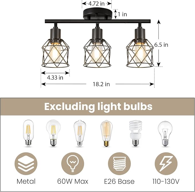 3-Light Kitchen Track Lighting, Island Lights, Farmhouse Ceiling Light | Adjustable Light Heads Rotate To Direct Light Where Needed, With Standard E26 Base For Kitchen Hallway Dining Room