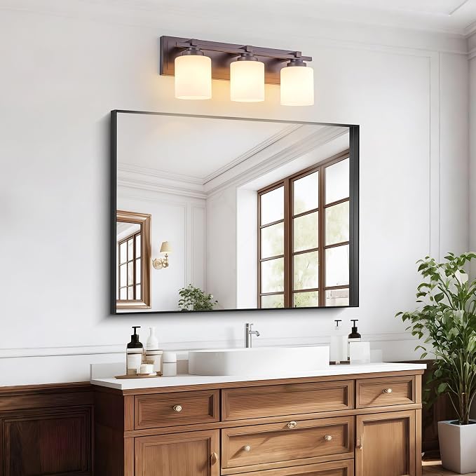 Modern Bathroom Light Fixtures Over Mirror, Vanity Lights for Bathroom Wall Sconces with Milky White Glass Shades, E26 Socket (Bulbs Not Included), 3 Light, Oil Rubbed Bronze