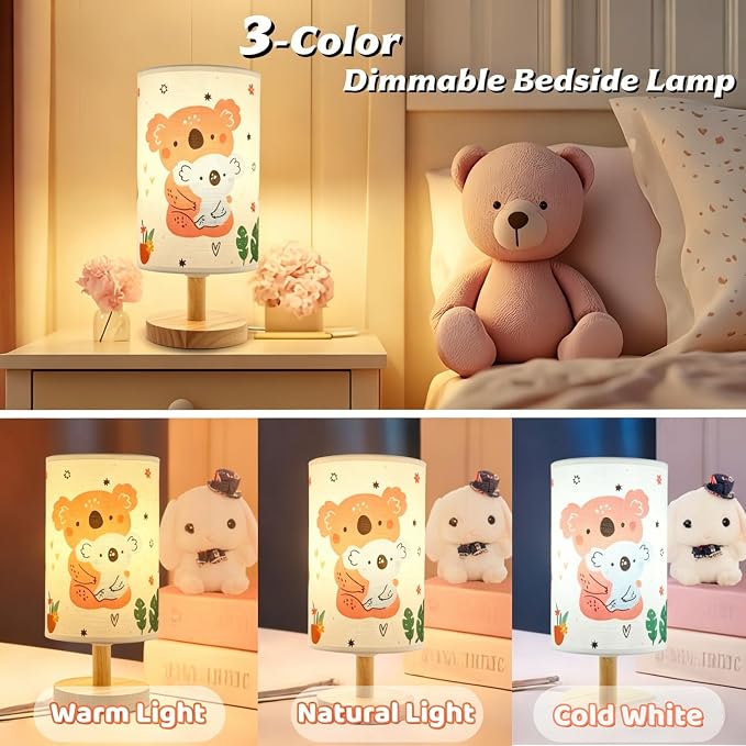 Bear Kids Table Lamp for Bedroom Kids Bedside Lamps 3 Colors Wooden Base Nightstand Night Light with Cartoon Flaxen Fabric Shade Desk Lamp for Girls Boys Room Nursery Decor,Bear Gifts for Boys Girls