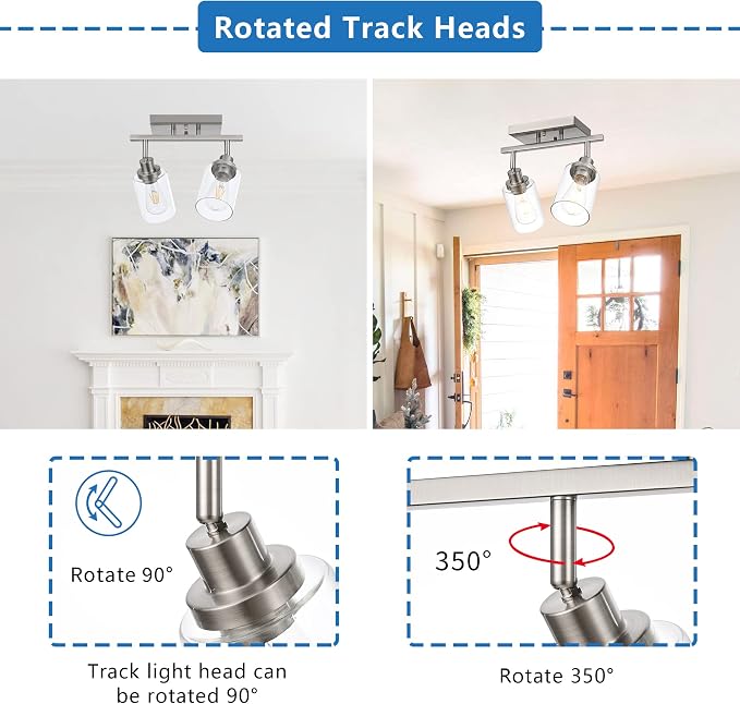 MELUCEE 2 Light Rotatable Track Lighting Kit Spotlight Brushed Nickel | Semi Flush Mount Ceiling Light Bathroom Lights Wall Scone for Hallway Porch Foyer Bath Storage, Clear Glass Shade
