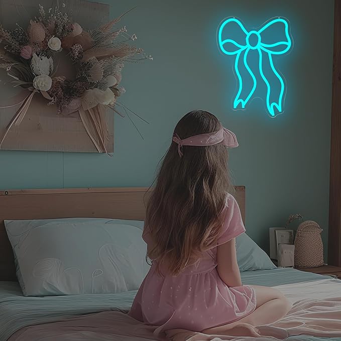 Blue Bow Neon Sign for Wall Decor Bow Led Neon Lights for Coquette Room Decor Dimmable Light up Sign for Bedroom Wall Bow party decorations Girls Room Birthday Christmas Gifts With USB Power