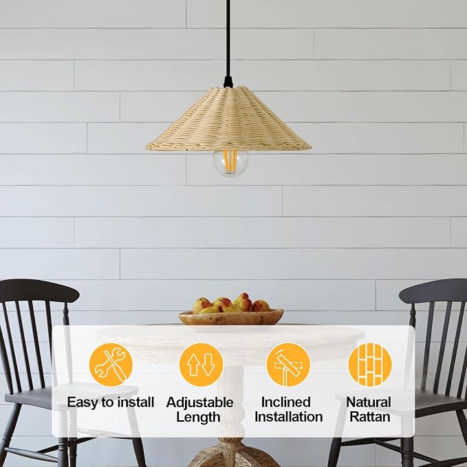 Hard Wired Rattan Pendant Lights Set of 2,Farmhouse Coastal Woven Wicker Ceiling Light with 10.65” Cone Shade, Boho Wired Mounted Hanging Chandelier for Bedroom Dining Room Kitchen Island